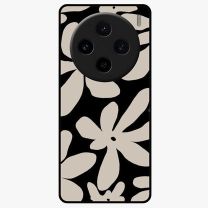 Monochrome Petal Dance Glass Case showing flat back view with monochrome floral artwork and glossy glass finish.