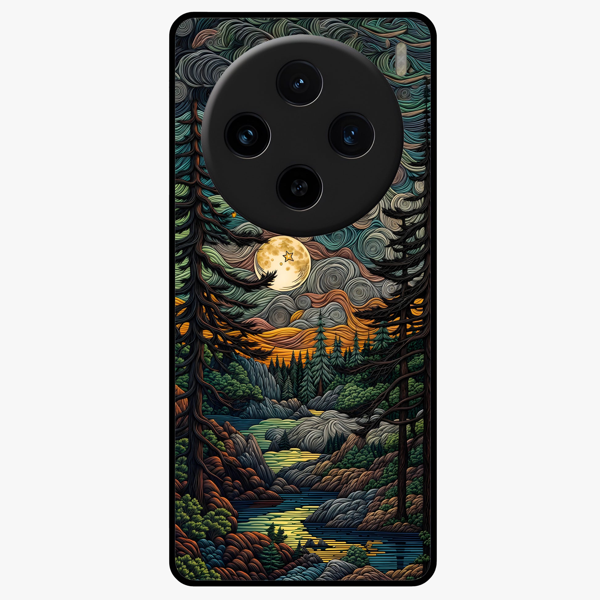 Moonlight Forest Dream Glass Case showing flat back view with mystical forest moonlight artwork and glossy glass finish.
