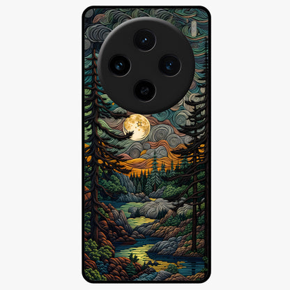 Moonlight Forest Dream Glass Case showing flat back view with mystical forest moonlight artwork and glossy glass finish.