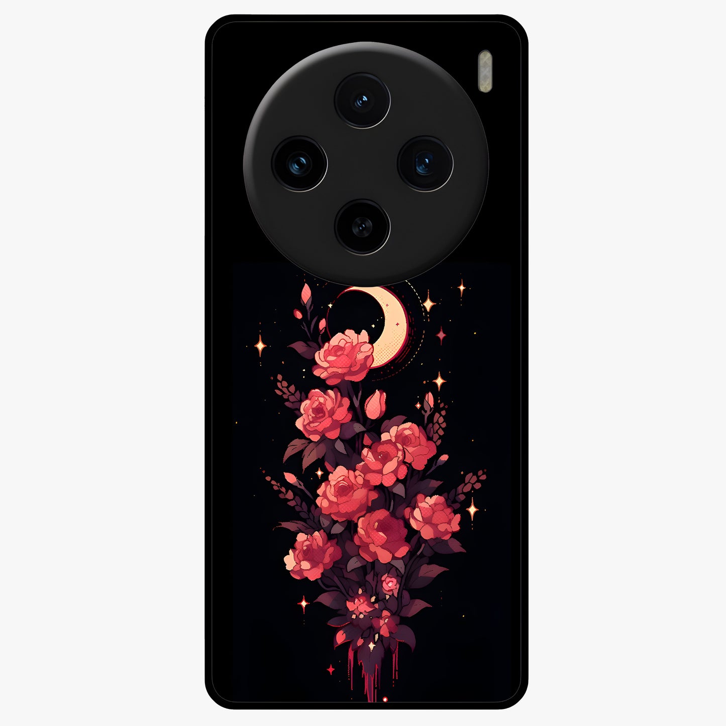 Moonlit Floral Elegance Glass Case showing flat back view with elegant floral artwork under moonlit tones and glossy glass finish.