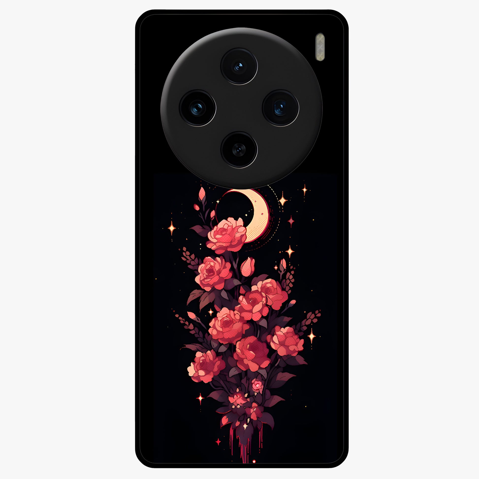 Moonlit Floral Elegance Glass Case showing flat back view with elegant floral artwork under moonlit tones and glossy glass finish.