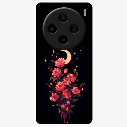 Moonlit Floral Elegance Glass Case showing flat back view with elegant floral artwork under moonlit tones and glossy glass finish.