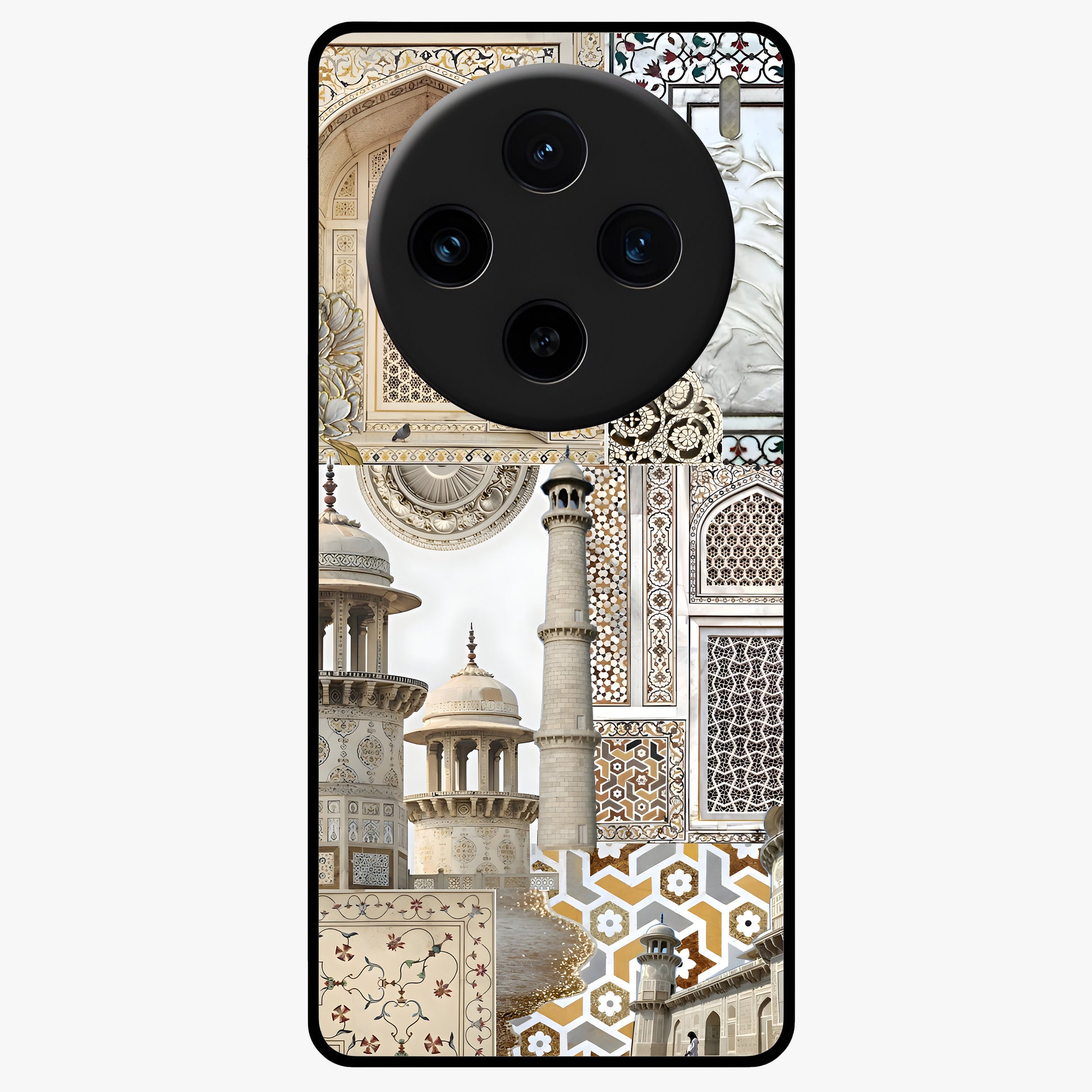 Mughal Marble Legacy Glass Case showing flat back view with intricate Mughal inspired marble pattern and glossy glass finish.