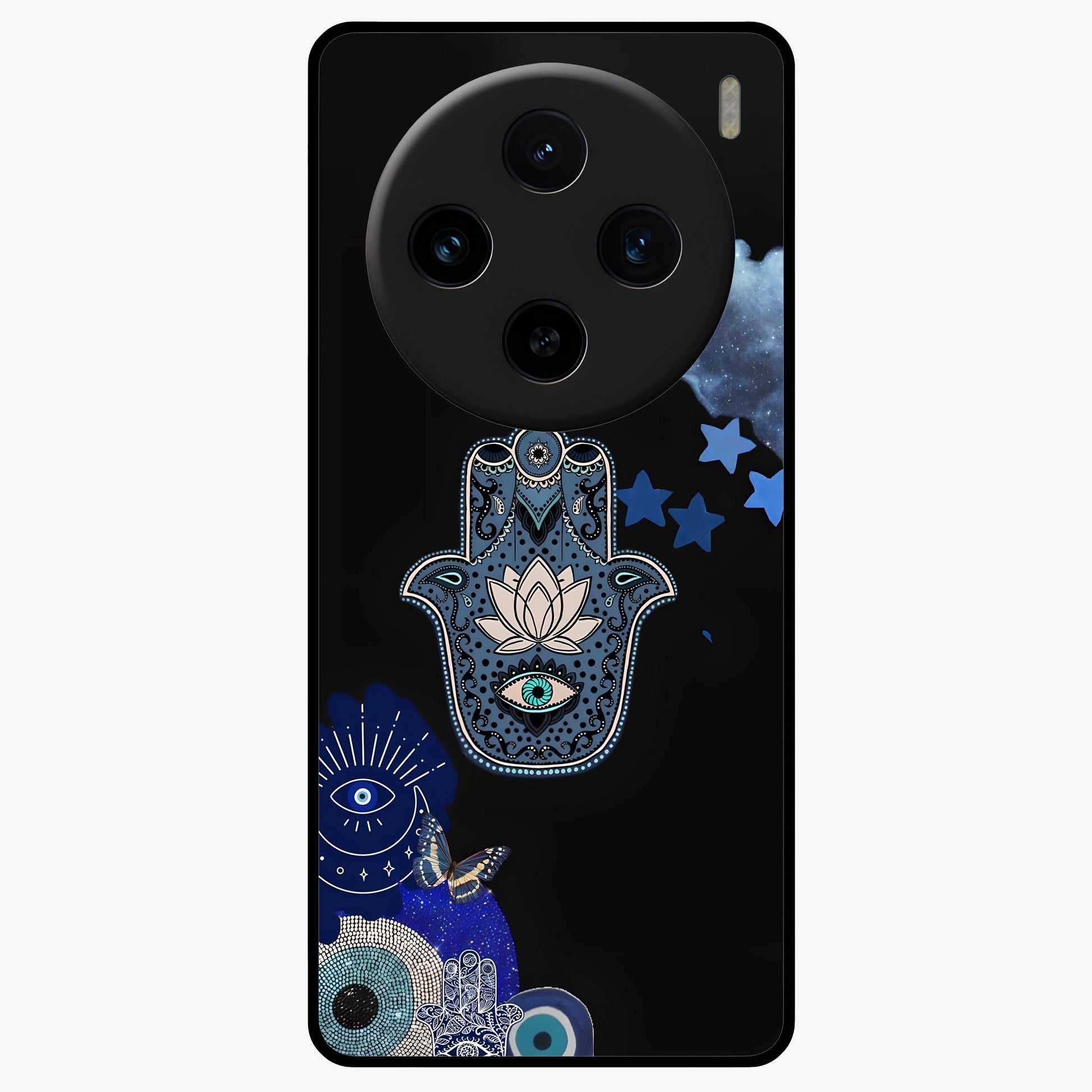 Mystic Hand Aura Glass Case showing flat back view with mystical hand symbol artwork and glossy glass finish.