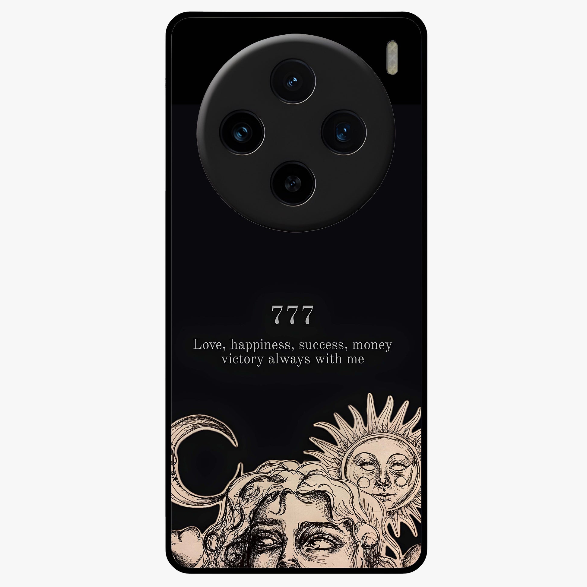 Mystic Victory Aura Glass Case showing flat back view with victory symbol artwork and glossy glass finish.