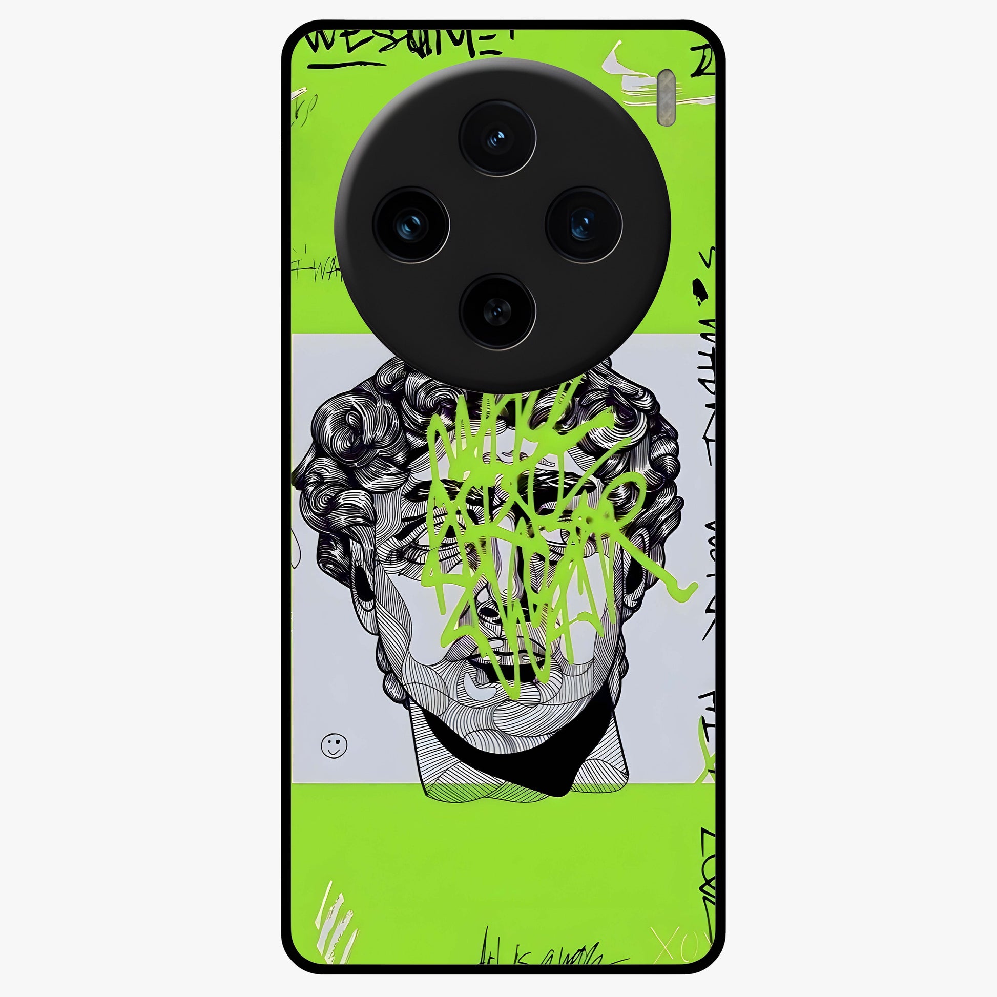 Neo Graffiti Rebellion Glass Case showing flat back view with vibrant graffiti artwork and glossy glass finish.
