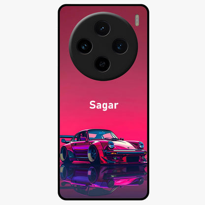 Neon Pink Porsche Glass Case showing flat back view with stylish sports car artwork and glossy glass finish.