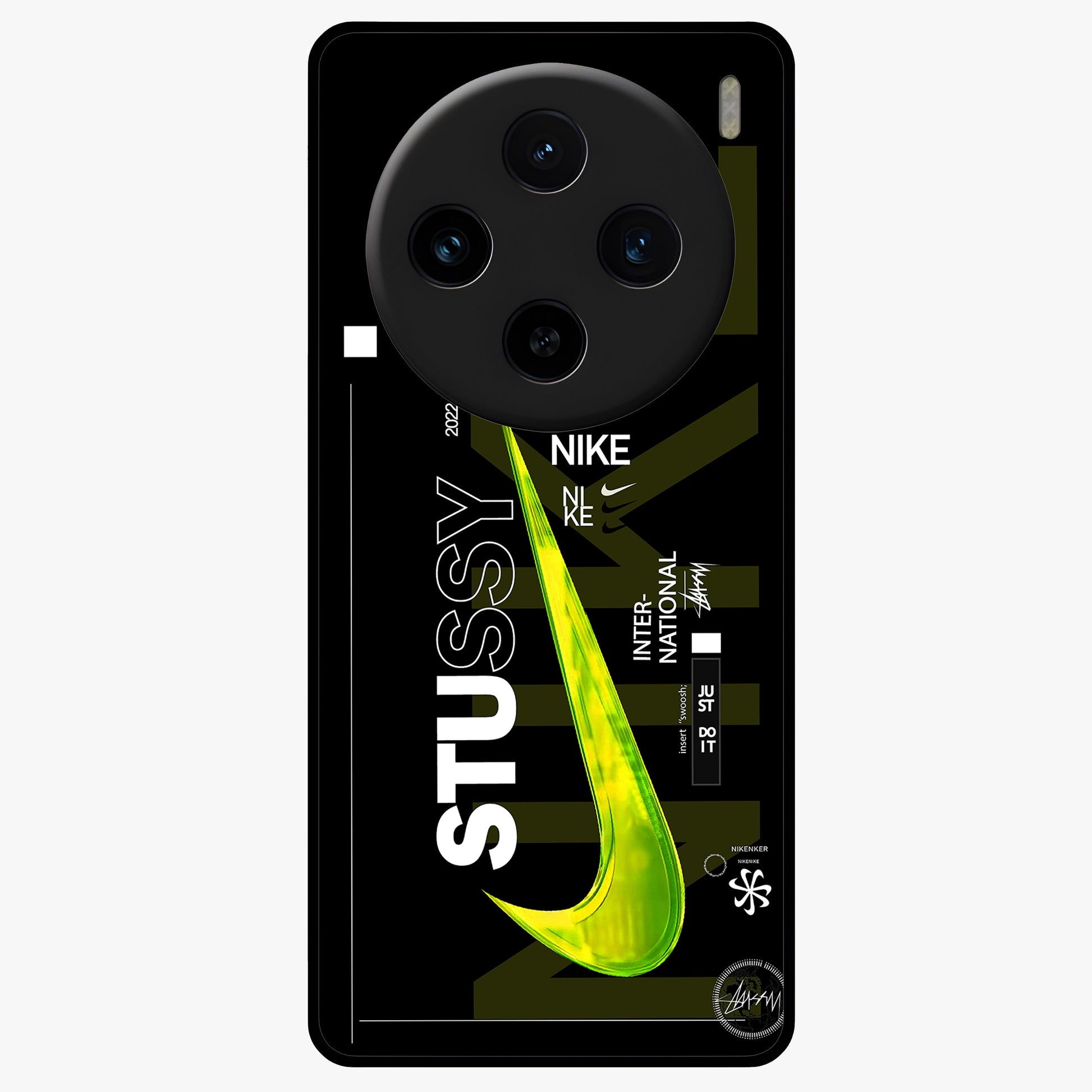 Neon Street Edition Glass Case showing flat back view with neon street style artwork and glossy glass finish.
