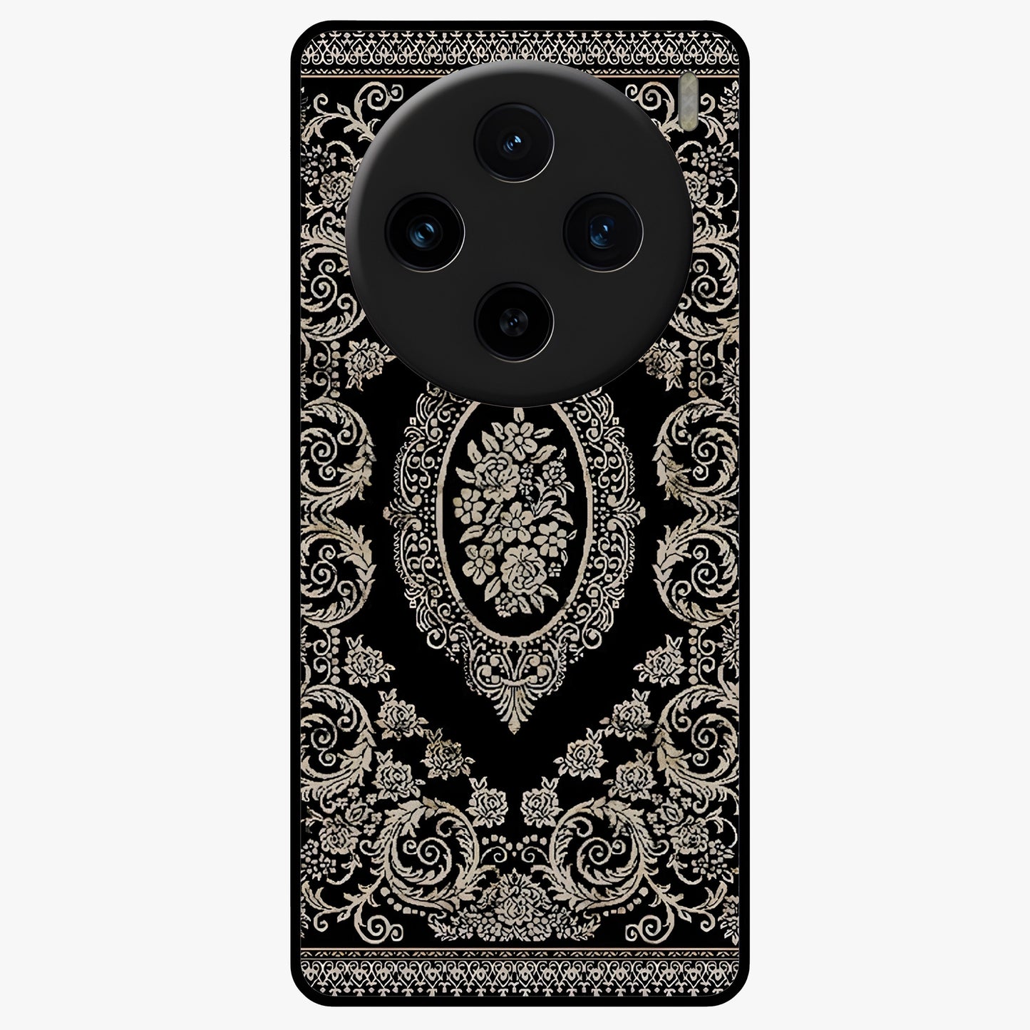 Noir Bloom Elegance Glass Case showing flat back view with elegant dark floral artwork and glossy glass finish.