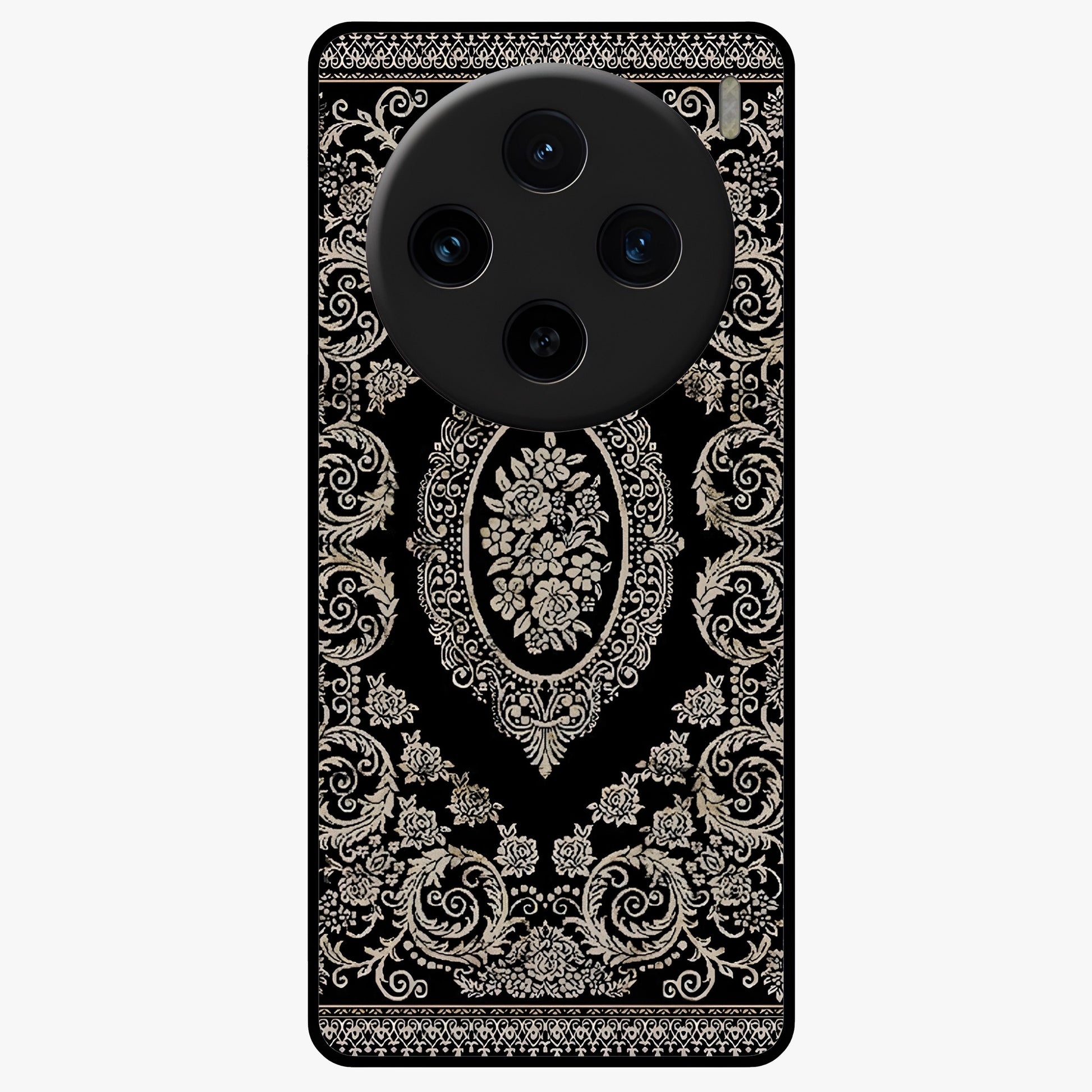 Noir Bloom Elegance Glass Case showing flat back view with elegant dark floral artwork and glossy glass finish.