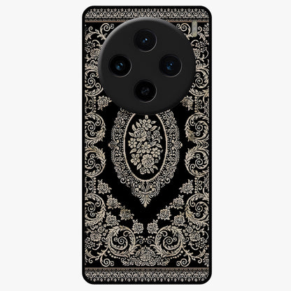 Noir Bloom Elegance Glass Case showing flat back view with elegant dark floral artwork and glossy glass finish.