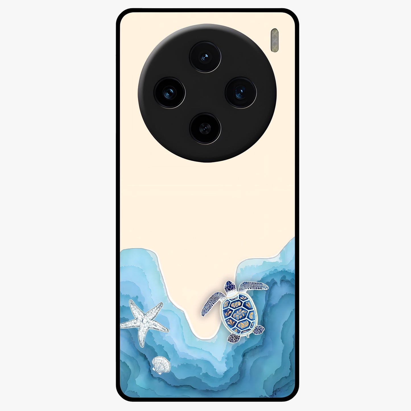 Ocean Drift Turtle Glass Case showing flat back view with sea turtle artwork and glossy glass finish.