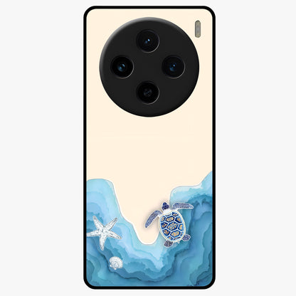 Ocean Drift Turtle Glass Case showing flat back view with sea turtle artwork and glossy glass finish.