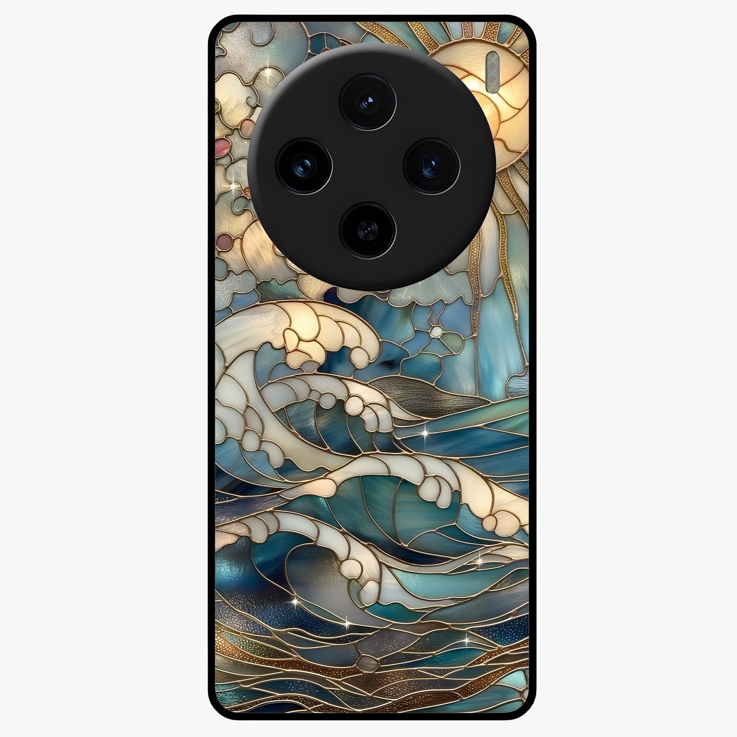 Oceanic Stained Printed Glass Case showing flat back view with ocean inspired stained pattern artwork and glossy glass finish.
