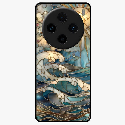 Oceanic Stained Printed Glass Case showing flat back view with ocean inspired stained pattern artwork and glossy glass finish.