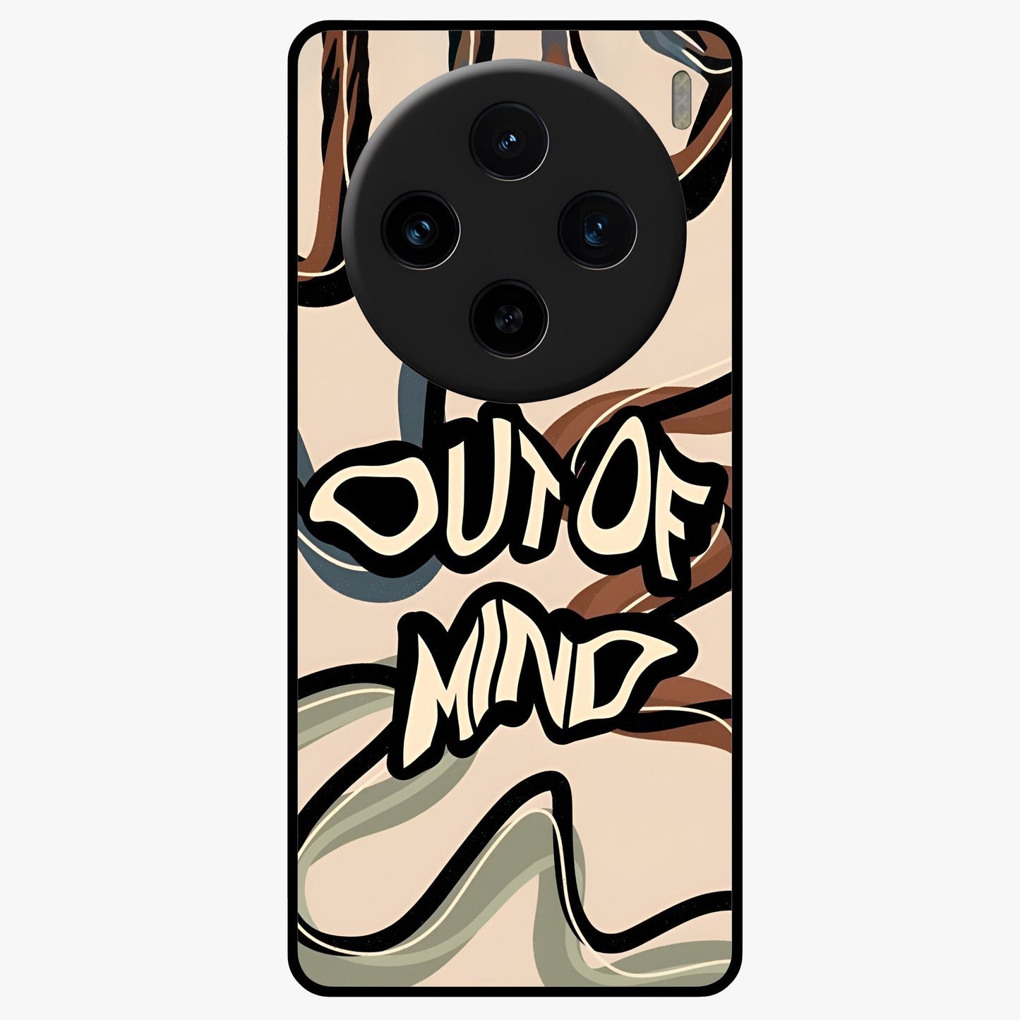 Out Of Mind Glass Case showing flat back view with expressive typography artwork and glossy glass finish.