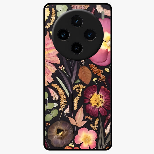 Petal Dream Tapestry Glass Case showing flat back view with intricate floral tapestry artwork and glossy glass finish.