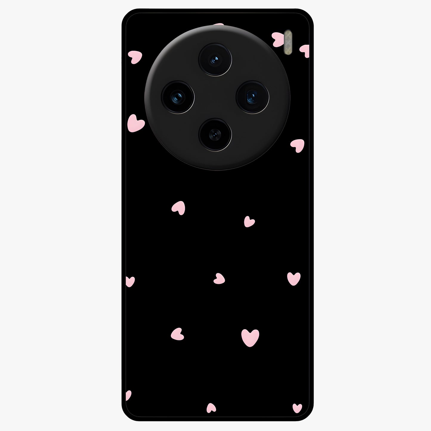 Pink Love Drops Glass Case showing flat back view with playful pink heart drops artwork and glossy glass finish.