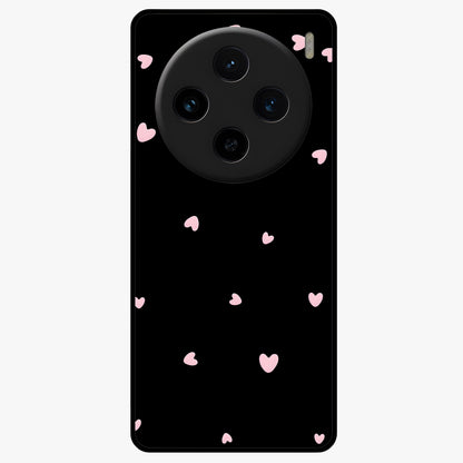 Pink Love Drops Glass Case showing flat back view with playful pink heart drops artwork and glossy glass finish.