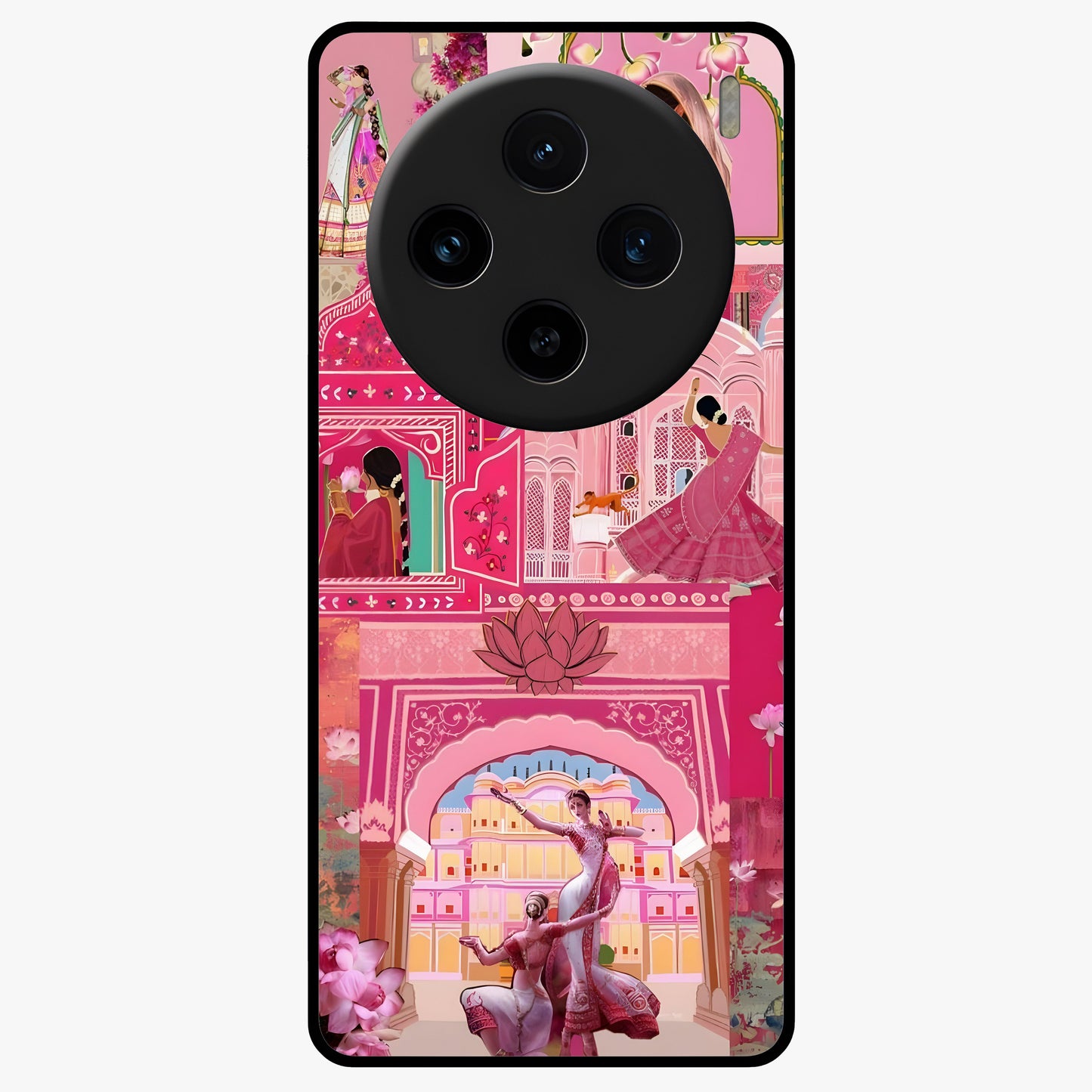 Pink Palace Muse Glass Case showing flat back view with elegant palace inspired artwork and glossy glass finish.