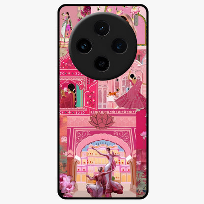 Pink Palace Muse Glass Case showing flat back view with elegant palace inspired artwork and glossy glass finish.