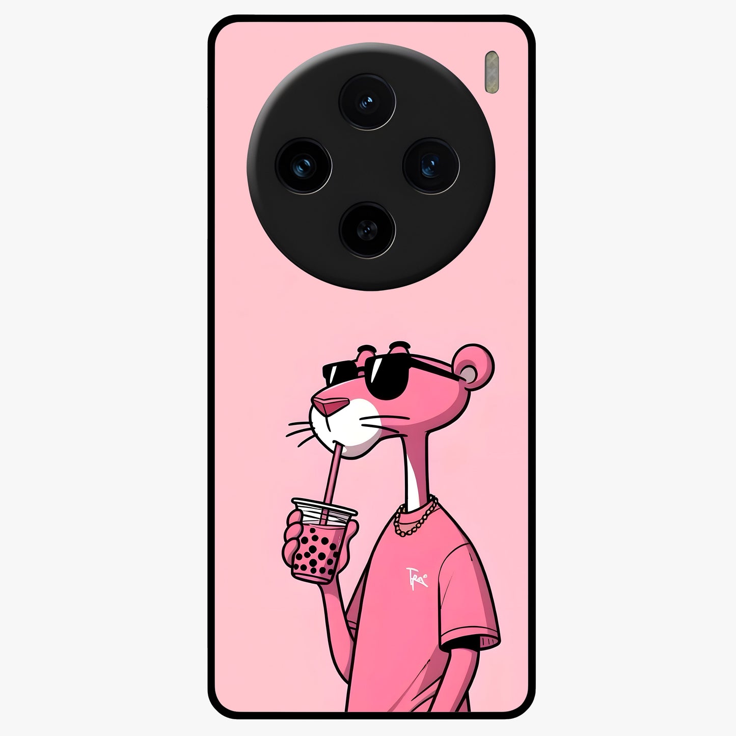 Pink Panther Glass Case showing flat back view with iconic pink panther artwork and glossy glass finish.