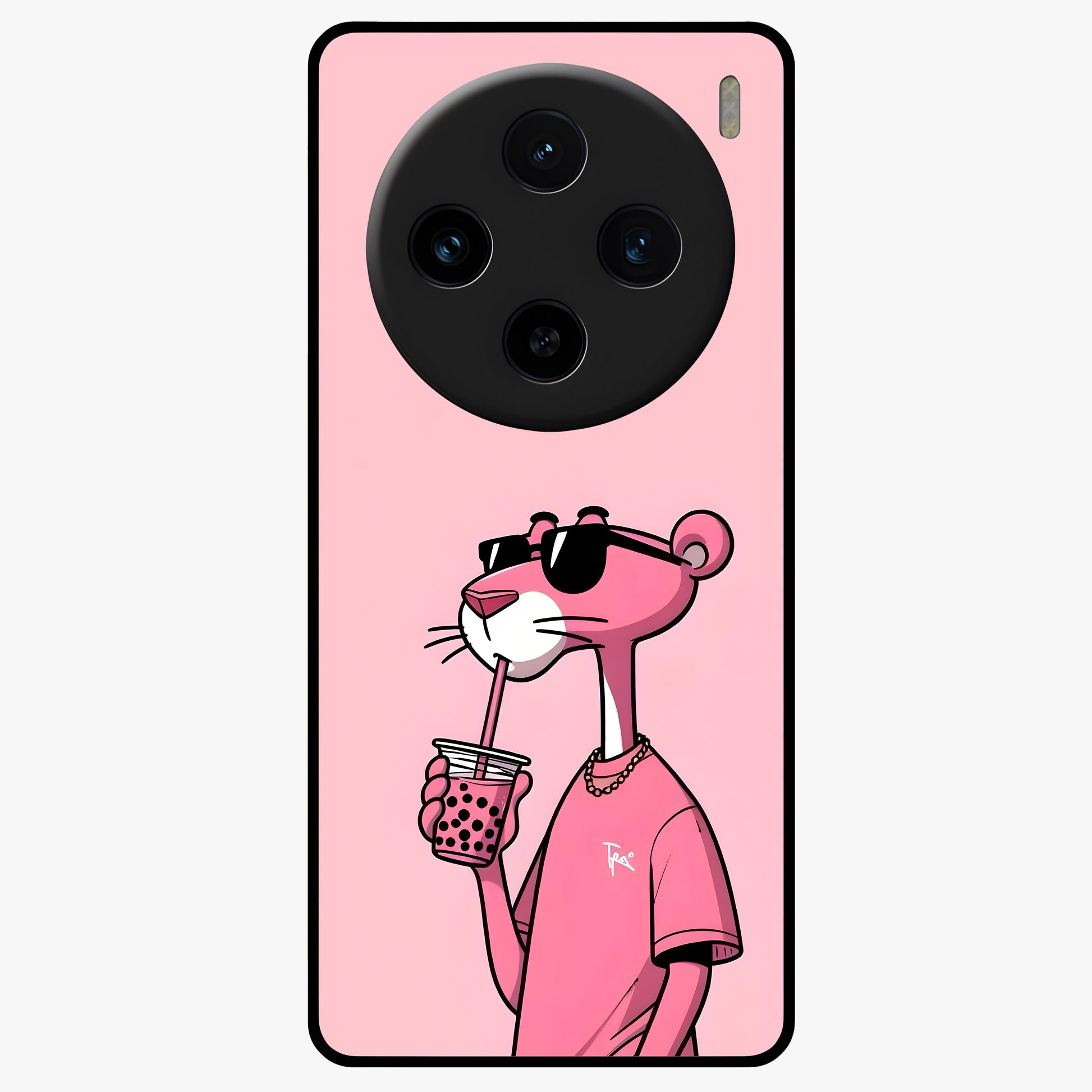 Pink Panther Glass Case showing flat back view with iconic pink panther artwork and glossy glass finish.