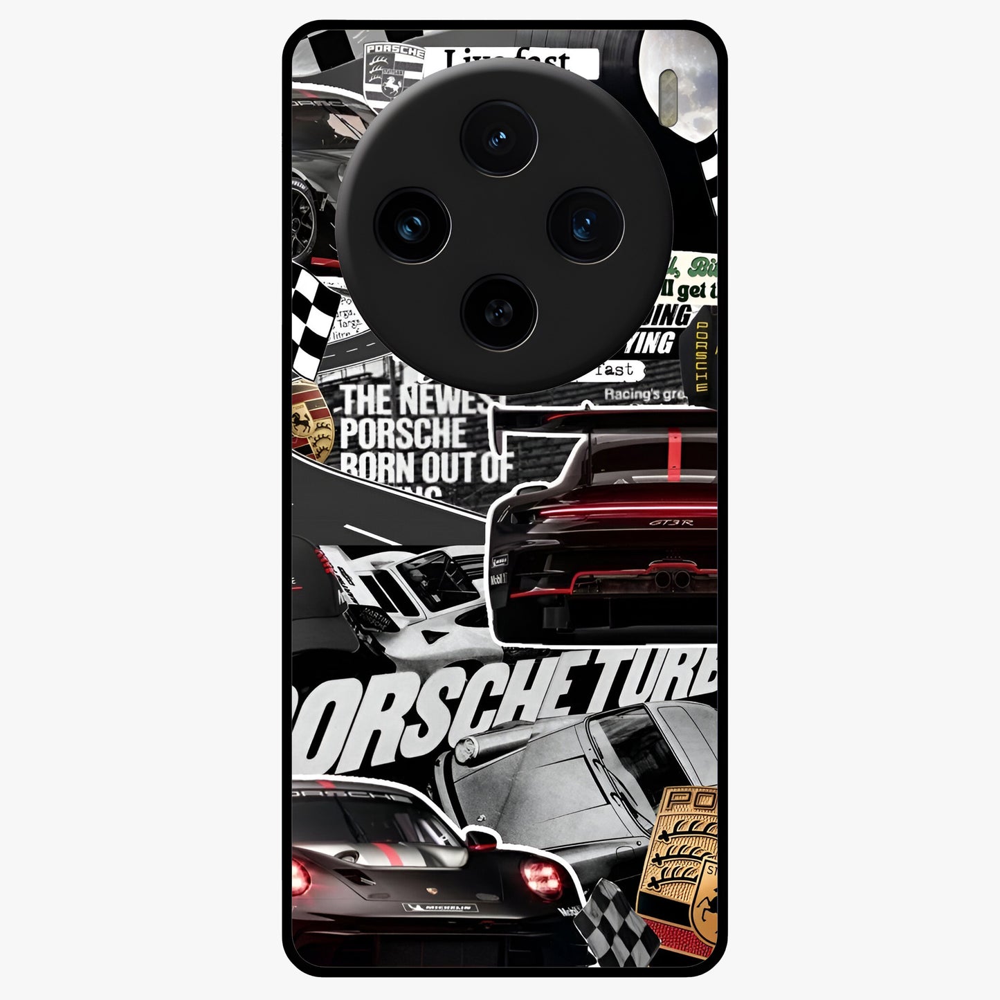 Porsche Racing Collage Glass Case showing flat back view with sports car racing collage artwork and glossy glass finish.
