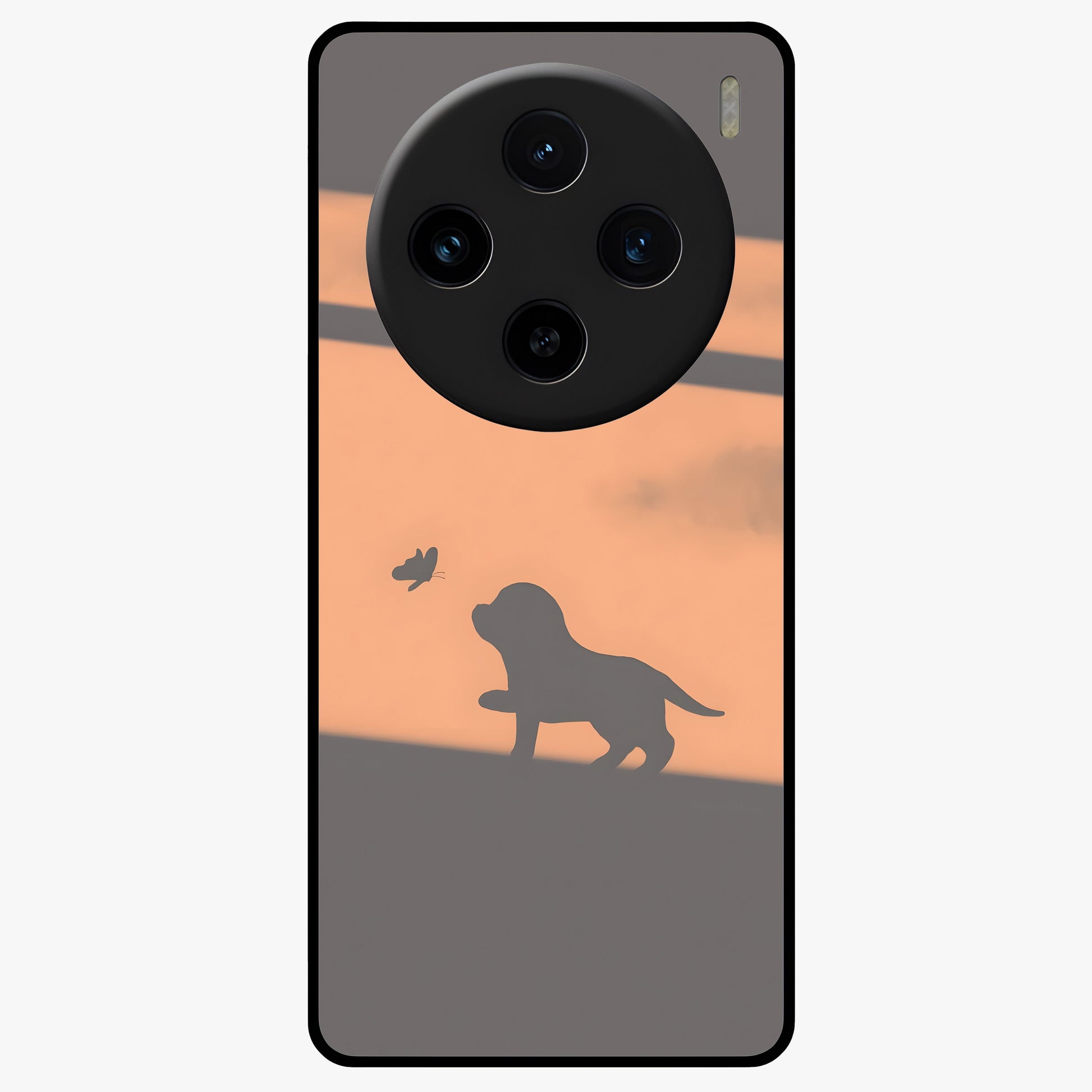 Puppy Shadow Art Glass Case showing flat back view with cute puppy shadow style artwork and glossy glass finish.