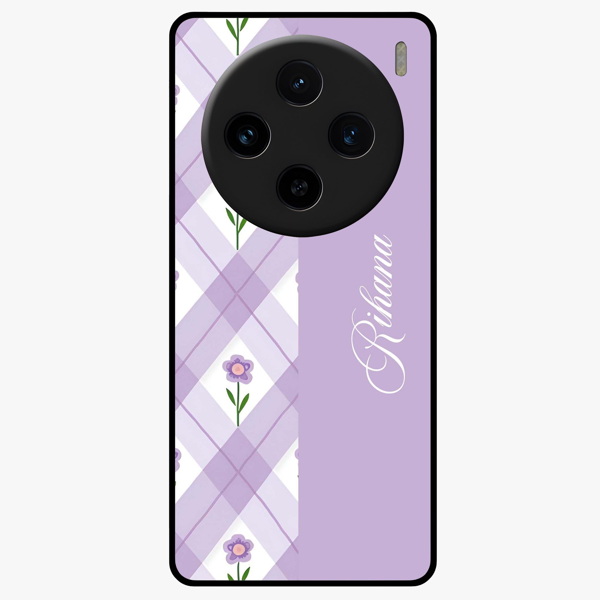 Purple Diamond Floral Glass Case showing flat back view with diamond shaped floral artwork and glossy glass finish.