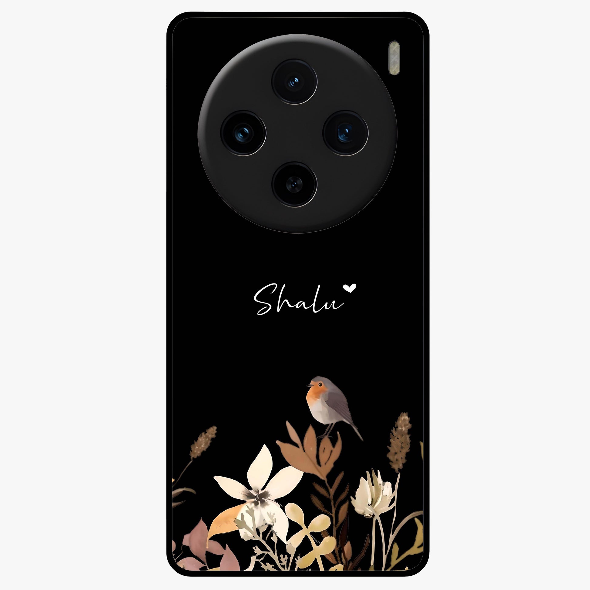 Quiet Garden Tune Custom Name Glass Case showing flat back view with peaceful garden artwork and personalized name design.