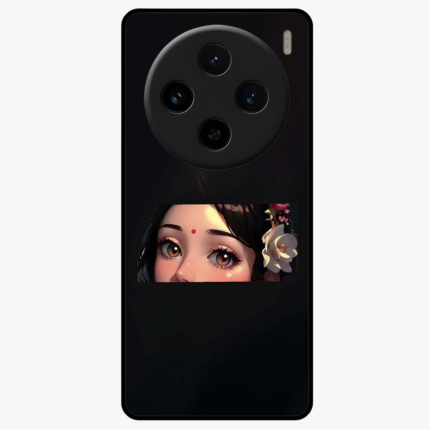 Radha Divine Embrace Glass Case showing flat back view with devotional Radha artwork and glossy glass finish.