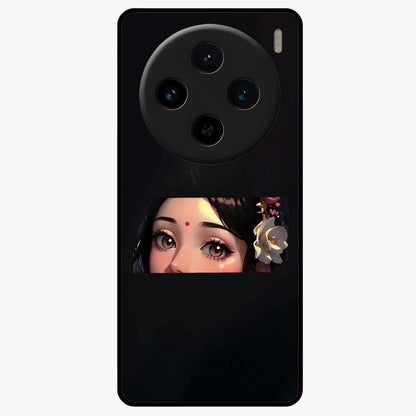 Radha Divine Embrace Glass Case showing flat back view with devotional Radha artwork and glossy glass finish.