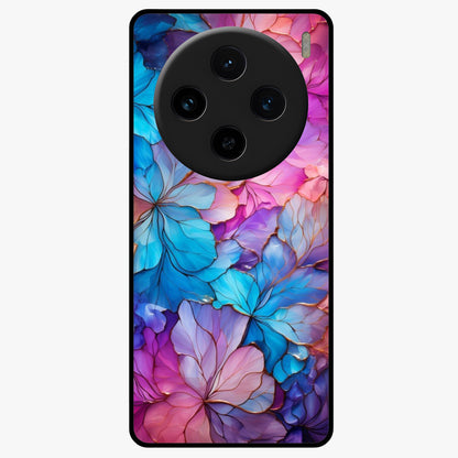Radiant Floral Whirl Glass Case showing flat back view with swirling floral artwork and glossy glass finish.