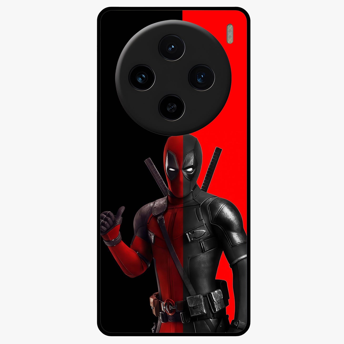 Red & Black Deadpool Theme Glass Case showing flat back view with bold comic inspired artwork and glossy glass finish.