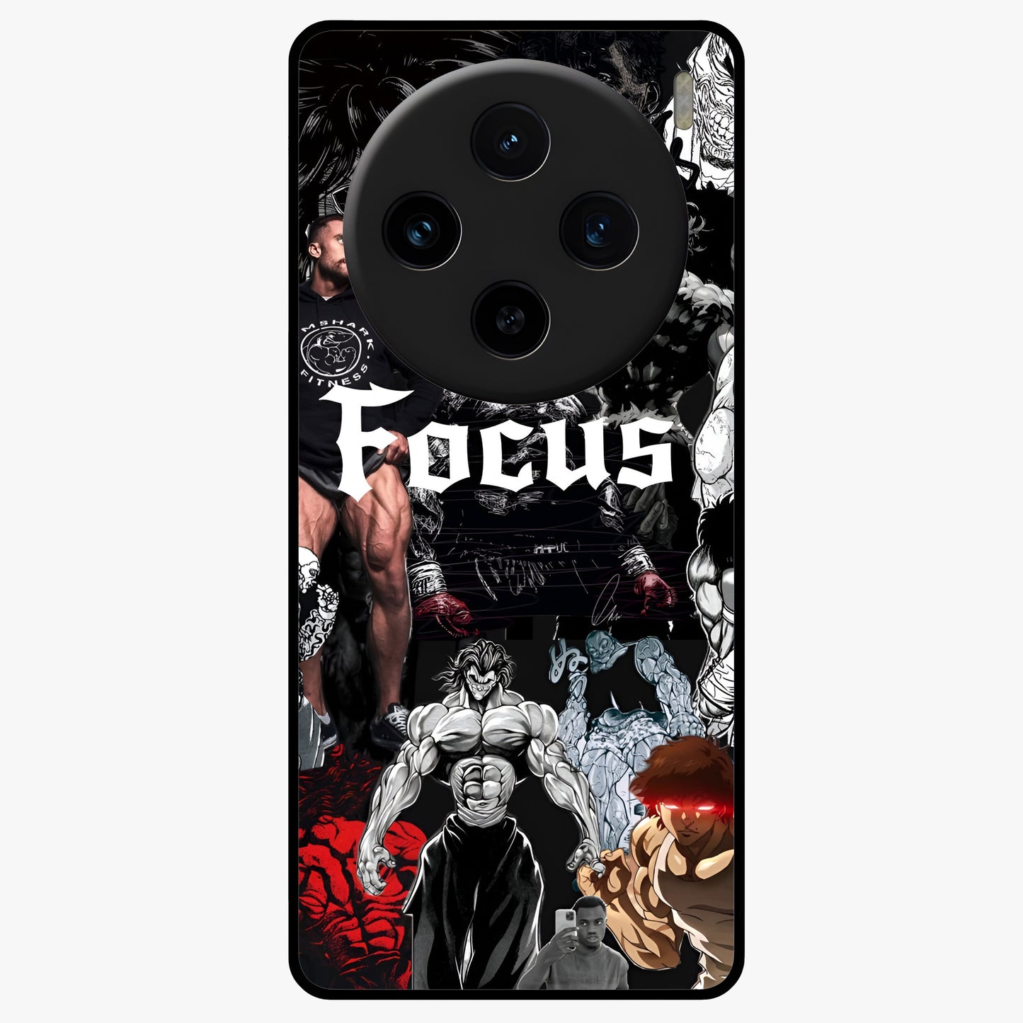 Relentless Power Focus Glass Case showing flat back view with motivational typography artwork and glossy glass finish.