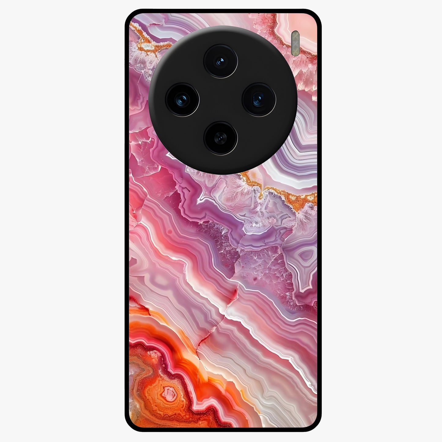 Rose Quartz Marble Glass Case showing flat back view with pink marble quartz texture artwork and glossy glass finish.