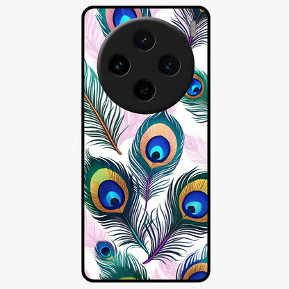 Royal Peacock Feathers Glass Case showing flat back view with colorful peacock feather artwork and glossy glass finish.