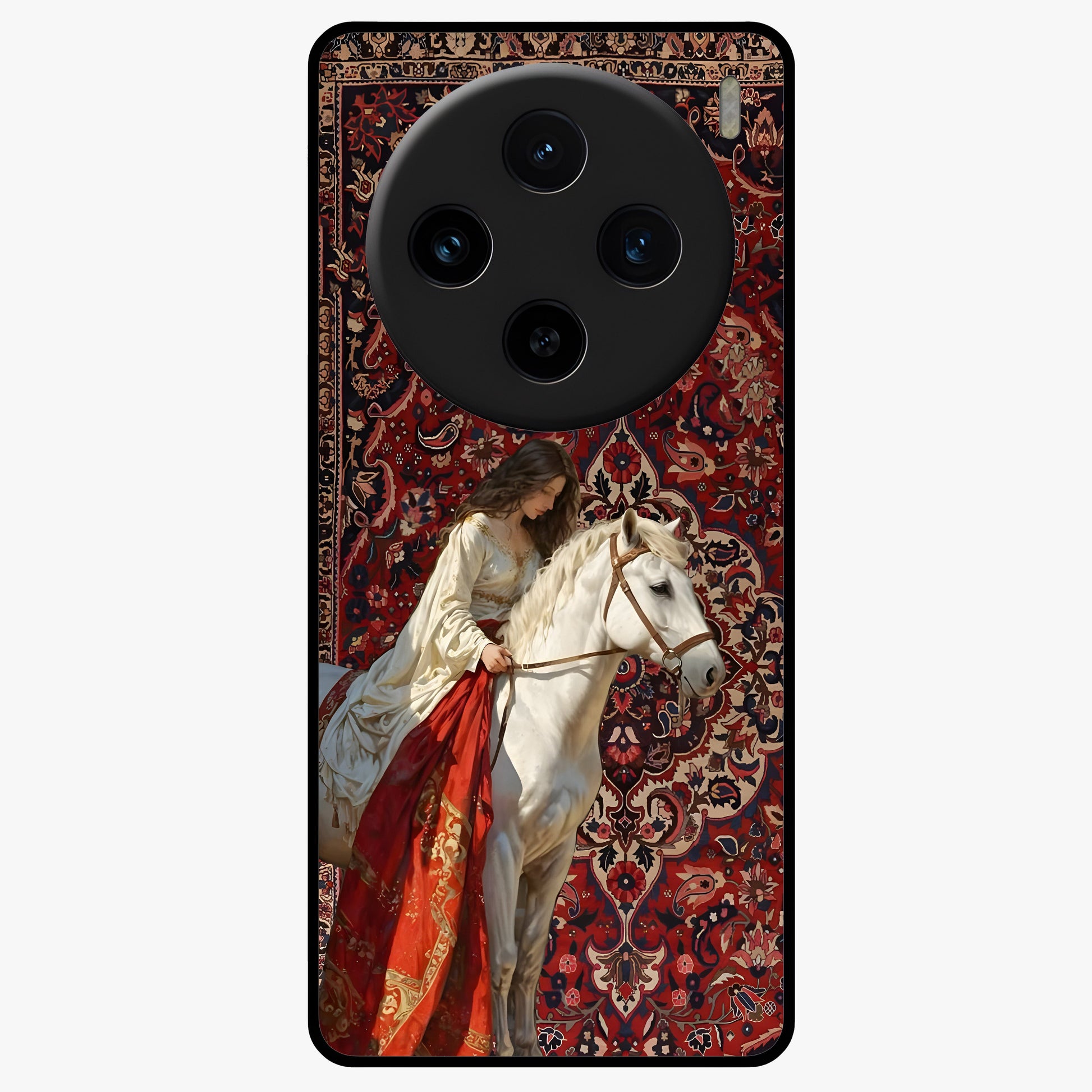 Royal Rider Tapestry Glass Case showing flat back view with majestic horse rider tapestry artwork and glossy glass finish.