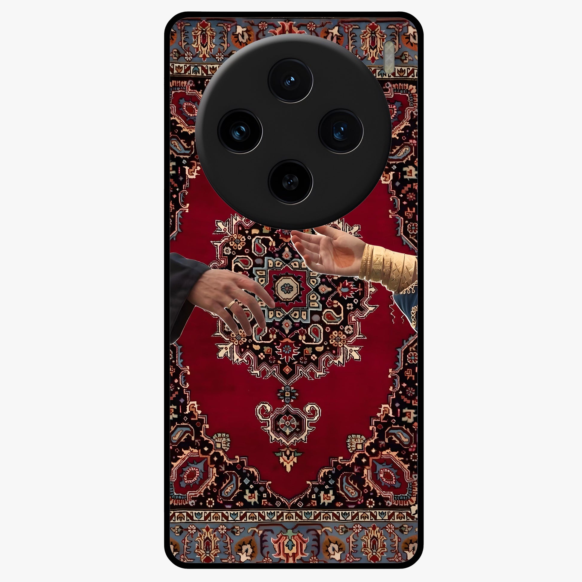 Royal Touch Reach Glass Case showing flat back view with elegant royal themed artwork and glossy glass finish.