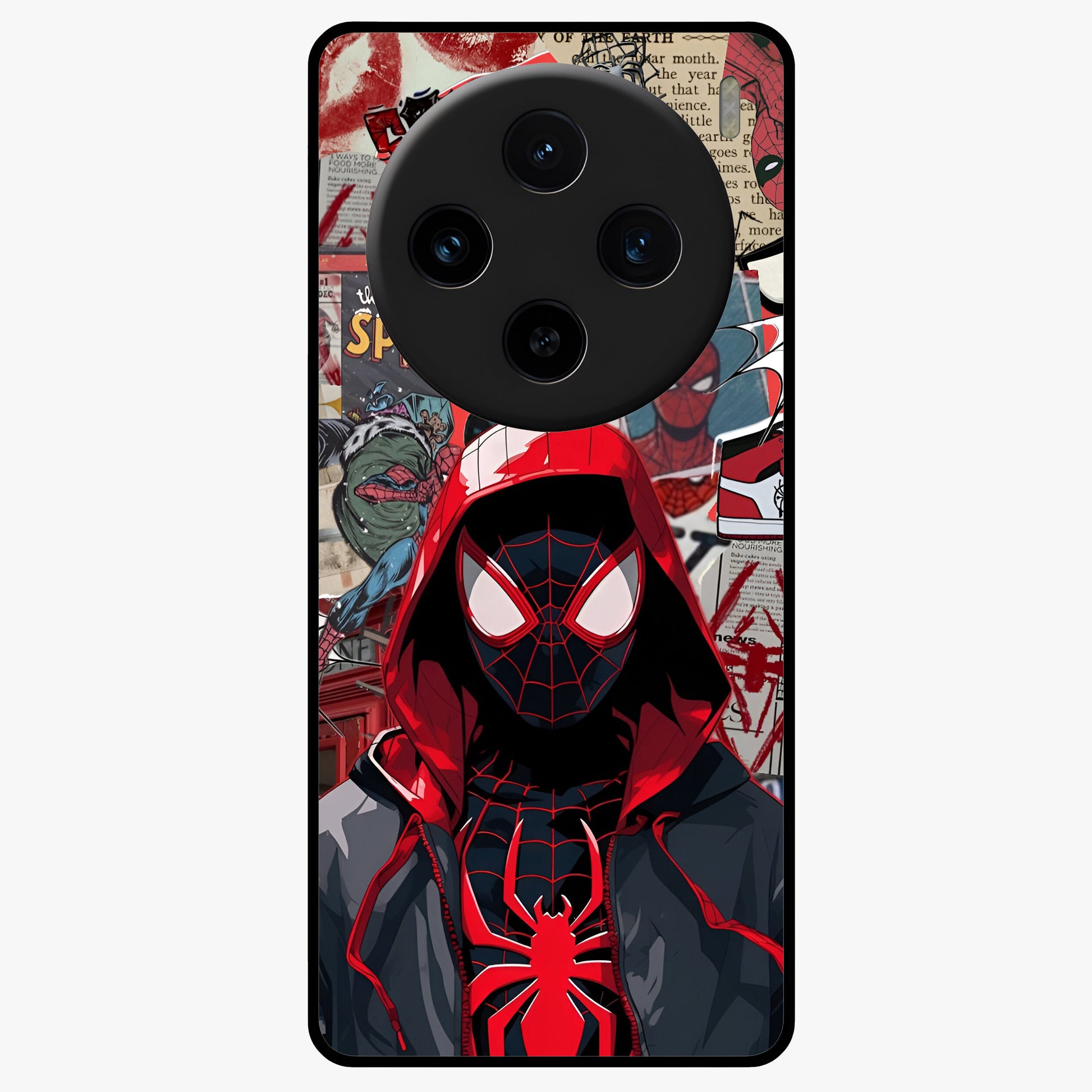 Spider Collage Street Glass Case showing flat back view with vibrant superhero collage artwork and glossy glass finish.