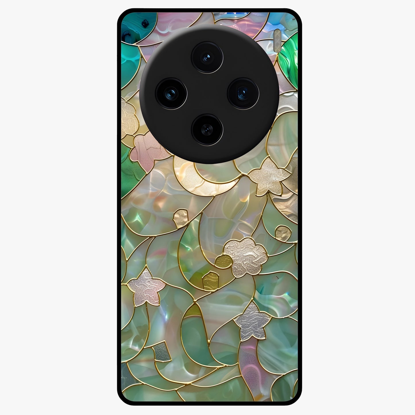 Stained Sunrise Glow Glass Case showing flat back view with glowing sunrise stained pattern artwork and glossy glass finish.
