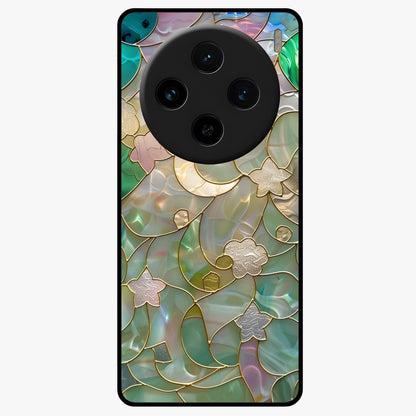 Stained Sunrise Glow Glass Case showing flat back view with glowing sunrise stained pattern artwork and glossy glass finish.