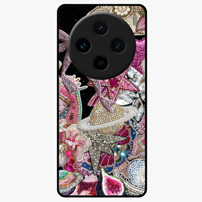 Starlit Jewel Dream Glass Case showing flat back view with sparkling jewel and star themed artwork and glossy glass finish.