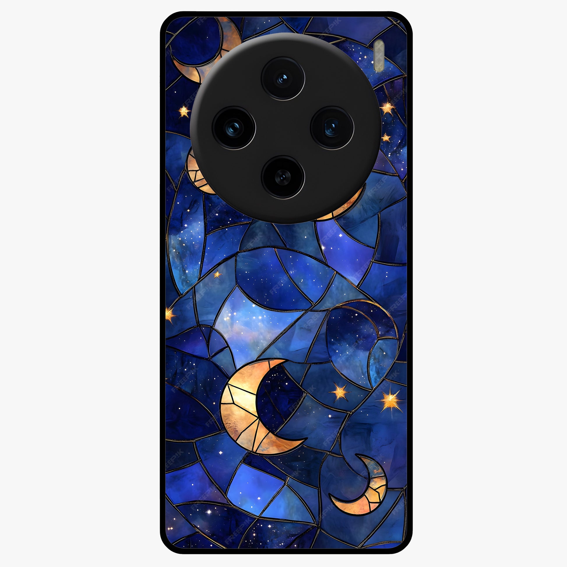 Starlit Sky Tapestry Glass Case showing flat back view with decorative starry sky tapestry artwork and glossy glass finish.