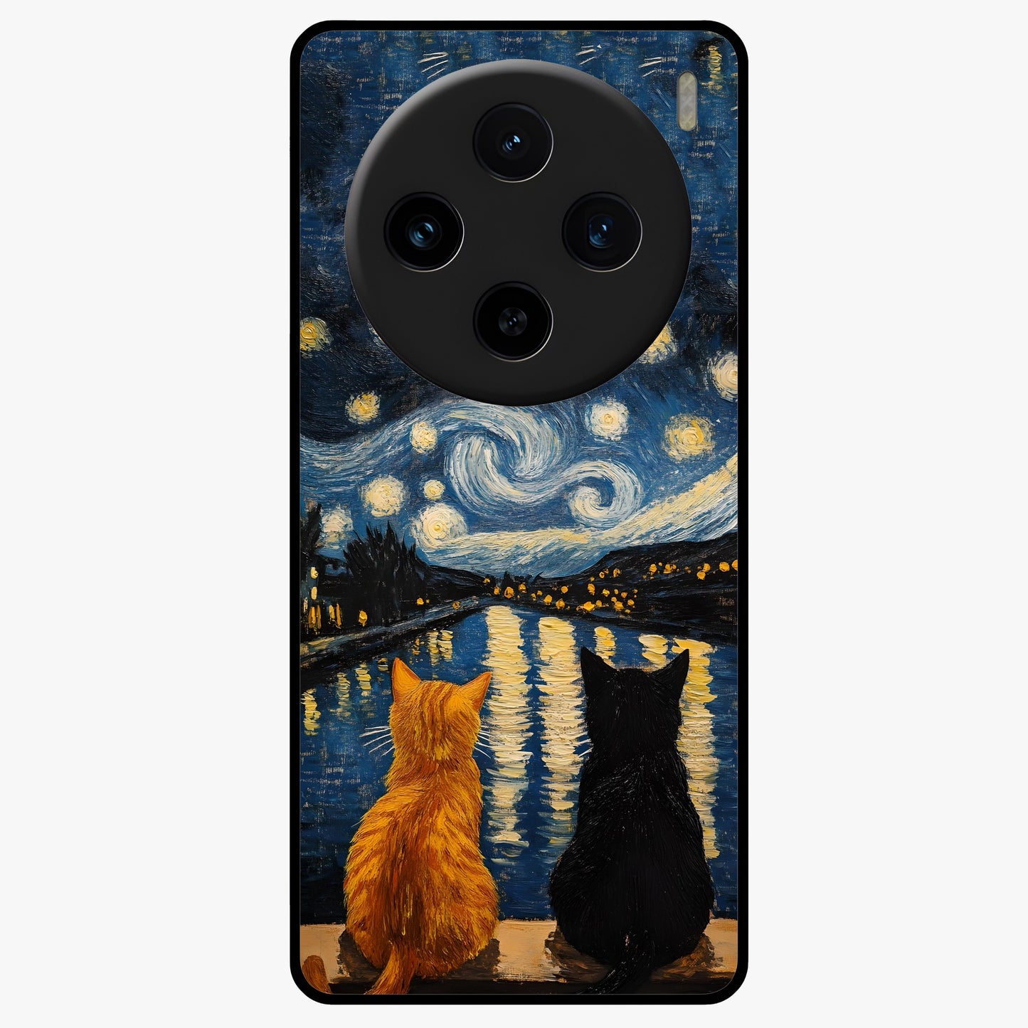 Starry River Cats Glass Case showing flat back view with cats by a starry river artwork and glossy glass finish.
