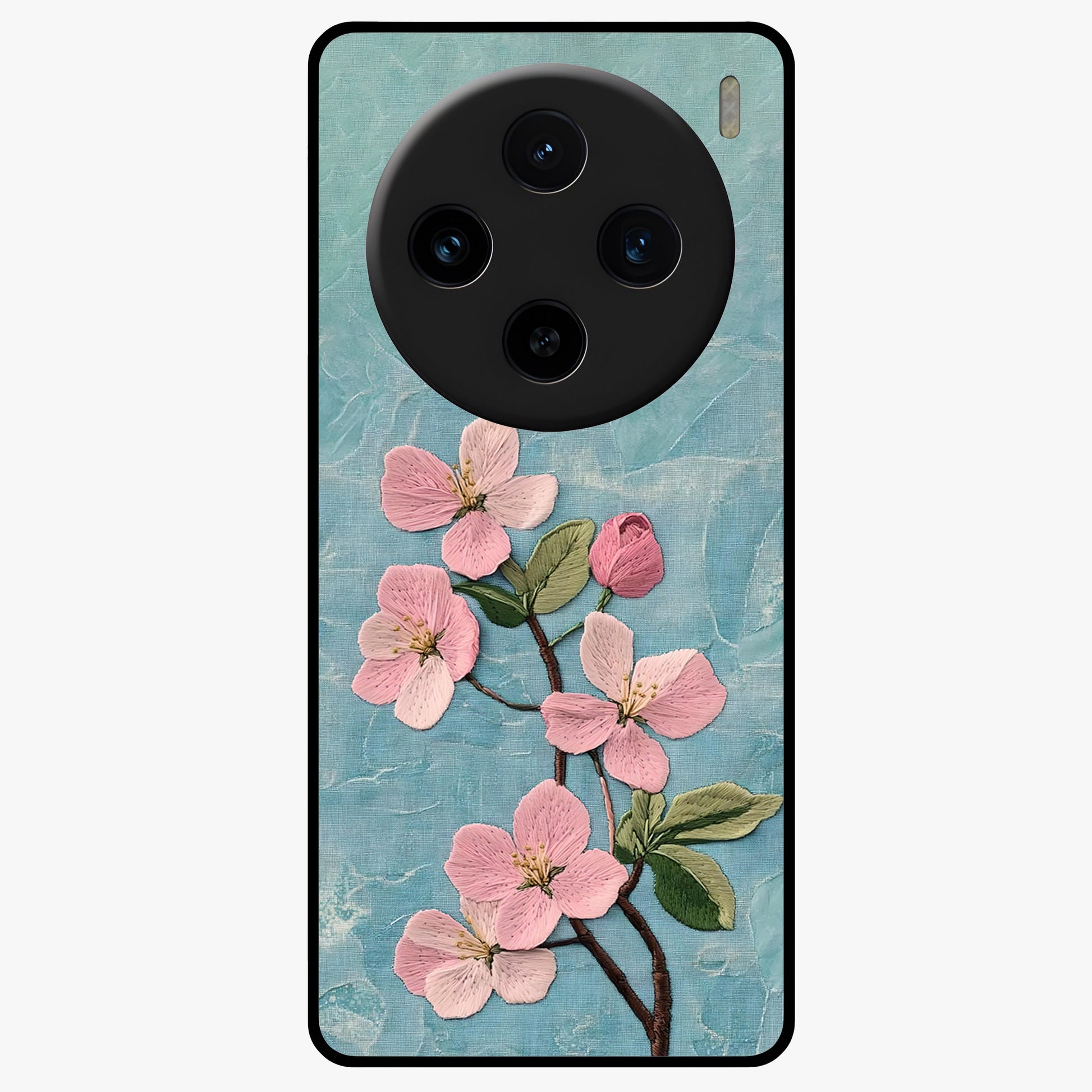 Threaded Blossom Breeze Glass Case showing flat back view with delicate blossom artwork and glossy glass finish.