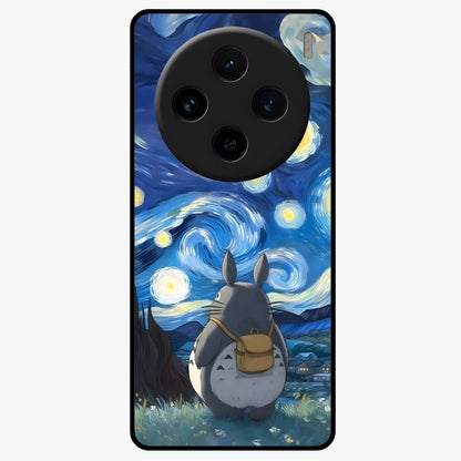 Totoro In Van Gogh Art Glass Case showing flat back view with whimsical character artwork inspired by Van Gogh style and glossy glass finish.