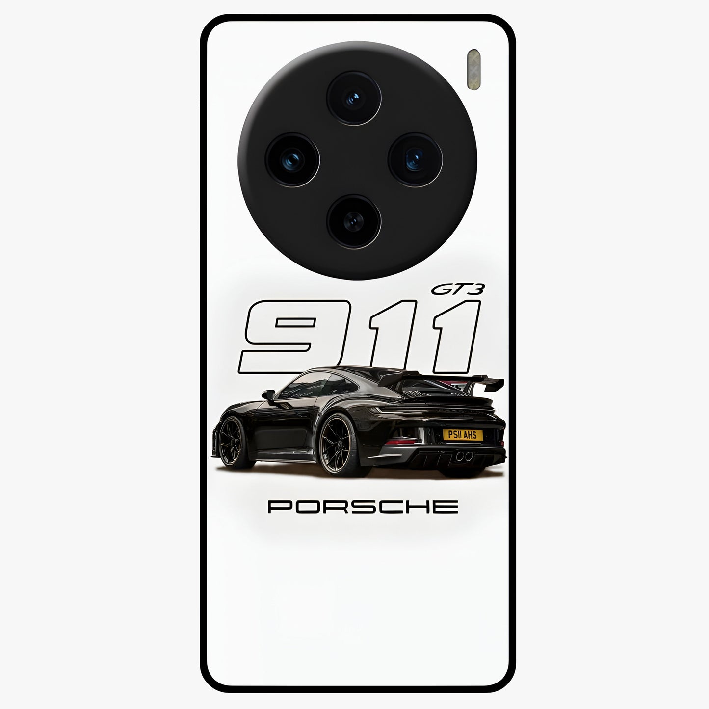 Turbo Legacy Icon Glass Case showing flat back view with iconic sports car inspired artwork and glossy glass finish.