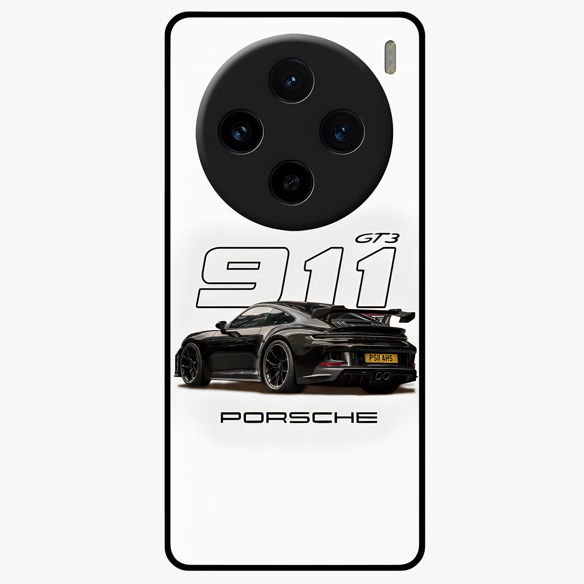 Turbo Legacy Icon Glass Case showing flat back view with iconic sports car inspired artwork and glossy glass finish.